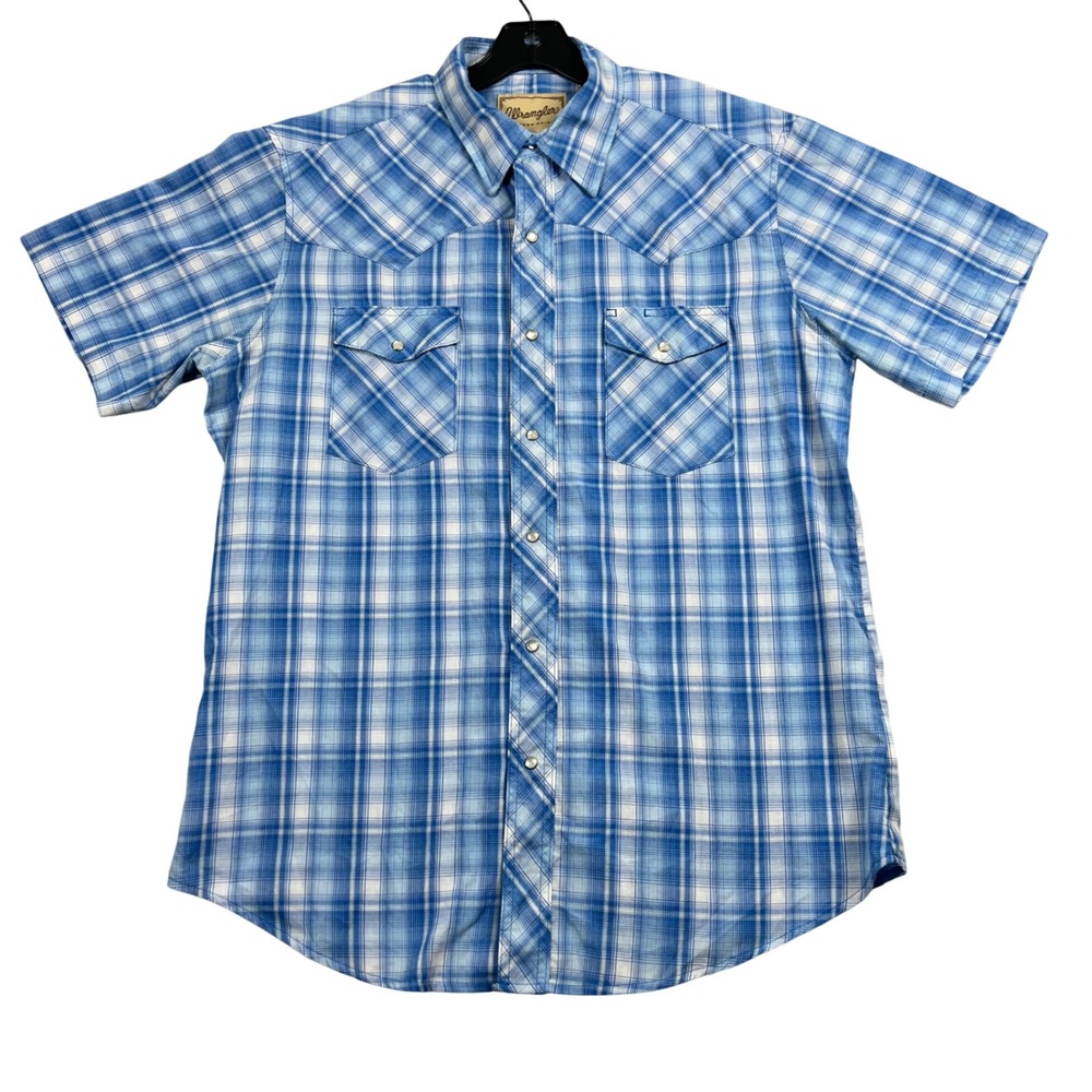 Wrangler Mens L Blue Plaid Western‎ Shirt Pearl Snap Short Sleeve Cowboy
